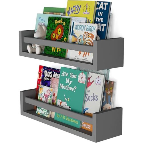 You Have Space Elba Floating Book Shelves for Kids Room Decor, Nursery Shelves for Wall, Bookshelf, Gray Set of 2