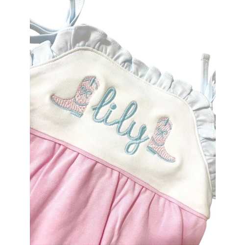 Personalized Baby Girl Romper • Embroidered Name Outfit • Pink Cowgirl Boots Appliqué • Custom Baby Shower Gift • Western Summer Outfit