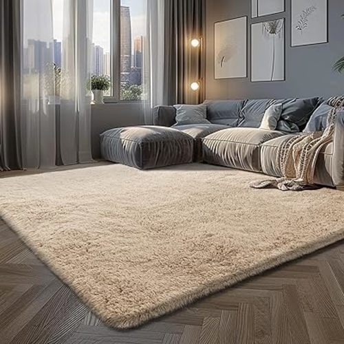 Fluffy Rug Shaggy Area Rug, Beige 4x6 Area Rugs for Bedroom, Super Soft Shaggy Rugs for Living Room Bedroom Kids Room Home Decor, Upgrade Anti-Skid Rectangular Fuzzy Rug