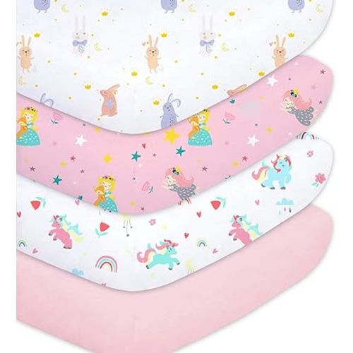 Plushii 4 Pack Fitted Crib Sheets for Baby Boys, 28"x 52" Extra Soft Microfiber Crib Sheet Set for Standard Crib & Toddler Mattress Pad, Rabbit & Dreaming in Wonderland & Rainbow Horse & Pink