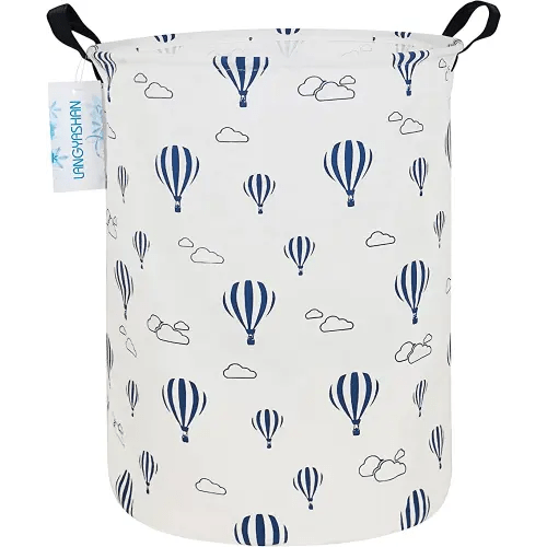 LANGYASHAN Laundry Basket Canvas Fabric Collapsible Organizer Basket for Storage Bin Toy Bins Gift Baskets Bedroom Clothes Children Nursery Hamper (Round Blue Balloon)