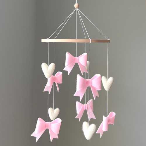Pink Bows and White Hearts Baby Girl Mobile ,Bows Theme Nursery Decor,Girl Nursery Mobile Pink,Vintage Nursery Mobile,Baby Mobile Girl Crib
