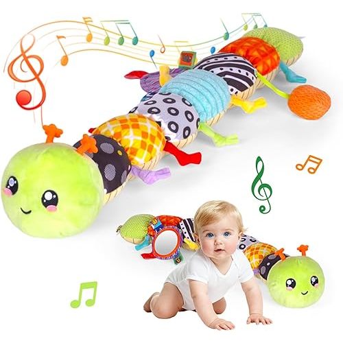 Baby Musical Plush Caterpillar Toy - 0-12 Months Tummy Time & Head Lifting Soft Sensory Toy, Rattle, Rustling Sounds & Mirror, Perfect Gift for Boys & Girls
