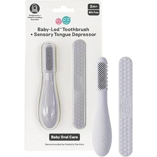 ezpz Baby-Led Toothbrush + Tongue Depressor Dual Pack (Pewter) - 100% Silicone Toothbrush + Silicone/Stainless Steel Tongue Depressor - Helps Set-up Infants for a Healthy Oral Care Routine