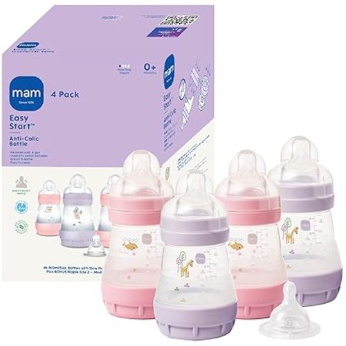MAM 5oz Easy Start Anti-Colic Wide Neck Vented Baby Bottle, Slow Flow Breastfeeding-Like Nipple,Reduces Colic Gas & Reflux, Easy Clean, BPA Free,0+ Months, Made in Europe,Bonus Medium Flow Nipple