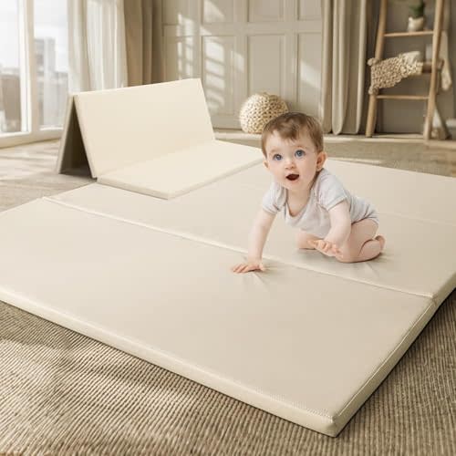 TODIBY Foam Baby Play Mat: PU Leather Waterproof Kids Playmat - Trifold Floor Mat - Large Play Mat for Playpen Thick Pad Fodable Mattress Soft Toddler Mattress Infant Cushion for Preschool (Beige)