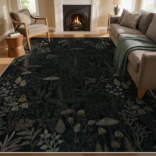 Joydeco Mushroom 5x7 Area Rugs for Bedroom, Washable Rugs for Living Room Non Slip, Boho Floral Botanical Ultra-Thin Soft Indoor Floor Throw Carpet for Dining Home Office, Black-Brown