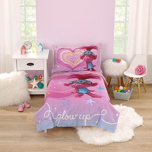 NoJo DreamWorks Trolls Show Up Glow Up Pink and Blue, Hearts and Stars 4 Piece Toddler Bed Set - Comforter, Fitted Bottom Sheet, Flat Top Sheet, and Reversible Pillowcase