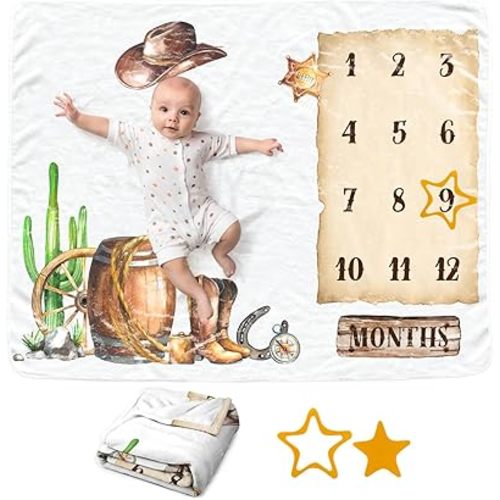Western Cowboy Baby Monthly Blanket for Boys, Soft Flannel Photography Background Prop, Personalized Shower Gift