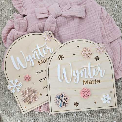 Winter Themed Baby Name Sign | Newborn Birth Announcement Name Plaque | Snowflake Baby Arrival Hospital Sign | Newborn Footprint Plaque