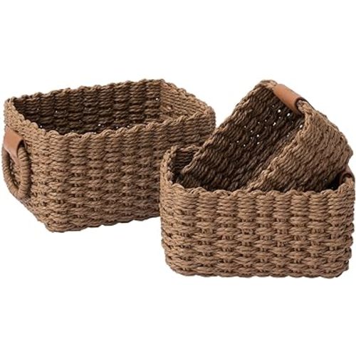 LA JOLIE MUSE Woven Storage Baskets, Recycled Paper Rope Bin Organizer Divider for Cupboards Drawer Closet Shelf Dresser, Set of 3 (Brown)