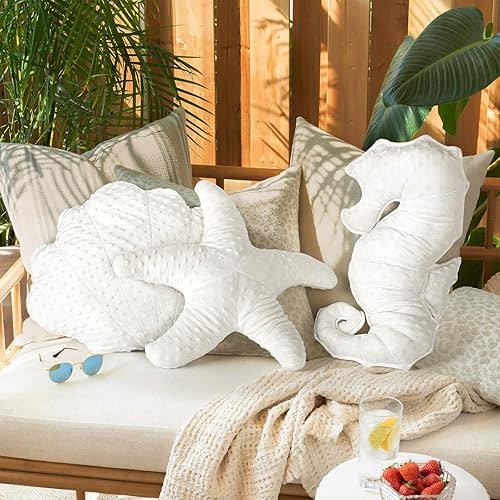 AELS Coastal Throw Pillows Set of 3, Starfish Shell Seahorse Pillows, Beach Ocean Nautical Themed Smooth Soft Minky Decorative Throw Pillows, Cute Pillow for Couch Sofa Bed Living Room Bedroom, White