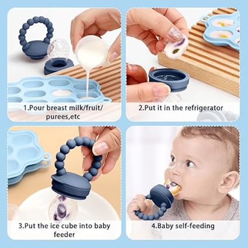 Silicone Baby Fruit Food Feeder, 2 Pack Freezer Tray with lid for Batch Prep,Introduce New Foods, Breastmilk Popsicle Molds, Silicone Teething Toys, Includes 6 Extra Food Pacifier - Steel Blue and Olive Green