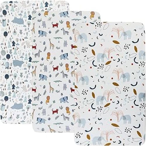 Onacosht Stretchy Bassinet Sheets 33" x 19" Compatible with Mika Micky, KoolaBaby (3 in 1), BabyBond, HARPPA and RICUTON Bedside Bassinet, 3 Pack, Elephant Giraffe Zebra Printing