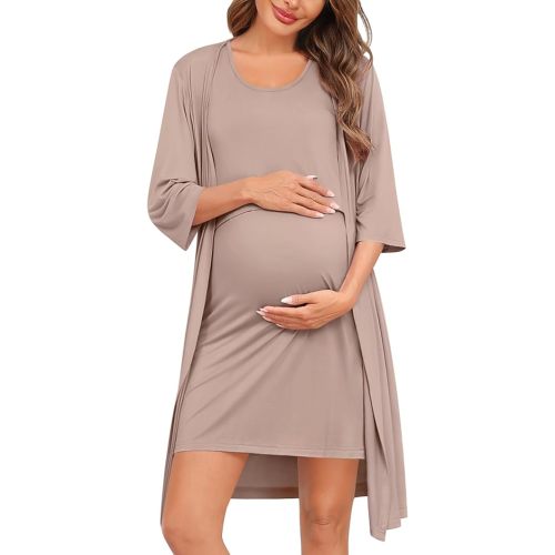 SWOMOG Women Maternity Nursing Gown and 3/4 Sleeve Robe Set Labor Delivery Nightgown Breastfeeding Hospital Bathrobe