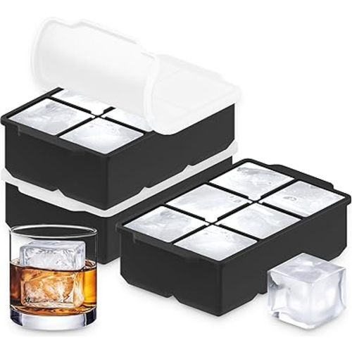 KitchFort Large Silicone Ice Cube Tray (3-Pack), Easy Release 2" Big Ice Cubes - Cocktail, Whiskey Ice Cubes Mold - BPA Free Ice Cube Trays for Freezer - Ice Tray With Stackable Lid - Black