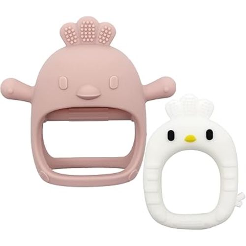 2PCS Chick Shape Baby Teething Toys, Never Drop Hand Wrist Teether, Baby Chew Toys for Sucking Needs, Silicone Baby Mitten Teether for Soothing Teething Pain Relief, Easy to Grip (Light Pink/White)