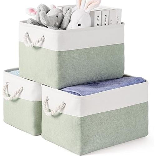 DUHEL Storage Bins 3 Pack, Fabric Storage Basket for Collapsible Medium Canvas Storage Baskets for Organizing Shelf Nursery Home Closet . (White&Green-3PCS)