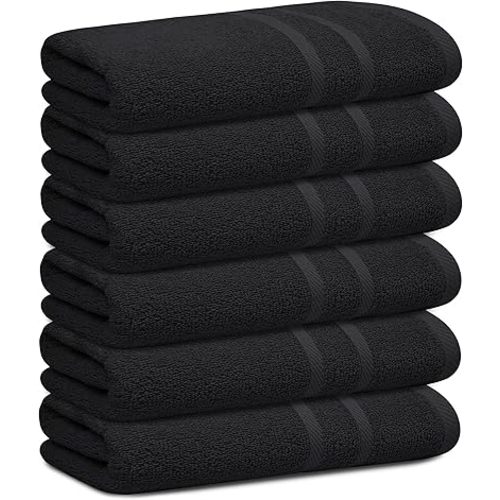 Looperry 6 Pack Small Bath Towel Set - 100% Cotton 23x46 Shower Towels in 450 GSM. Lightweight & Absorbent Quick Dry Gym Towel for Showering, Pet Drying, Spas & Salons. Terry Ringspun Towels (Black)