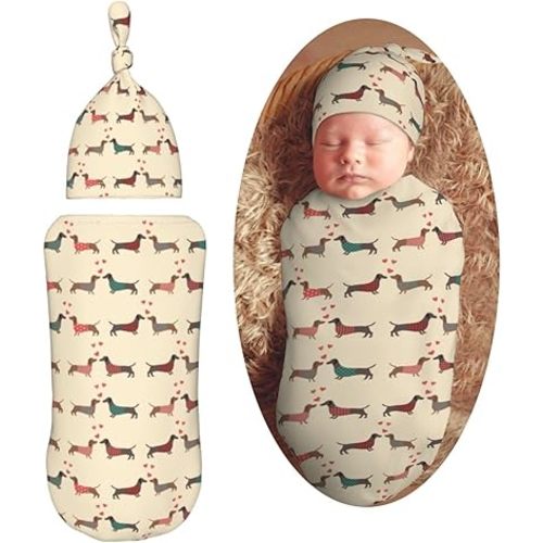 KiuLoam Couple of Dressed Dachshunds Newborn Swaddle Set with Matching Hat, Newborn Receiving Blanket Soft Unisex Infant Swaddle Wrap for Baby Boys and Girls