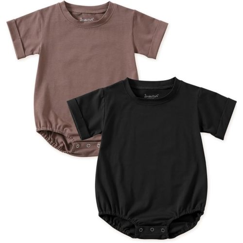 0-3 Months Jimonda Baby Bubble Rompers Boy Girl Solid Color T-Shirt Outfits Short Sleeve Button Bodysuit Cotton Tops Clothes 2Pcs