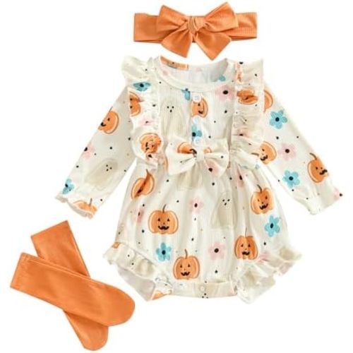 Newborn Baby Halloween Outfit Girl Pumpkin Ghost Onesie Bubble Romper Infant Long Sleeve Top Fall Winter Clothes