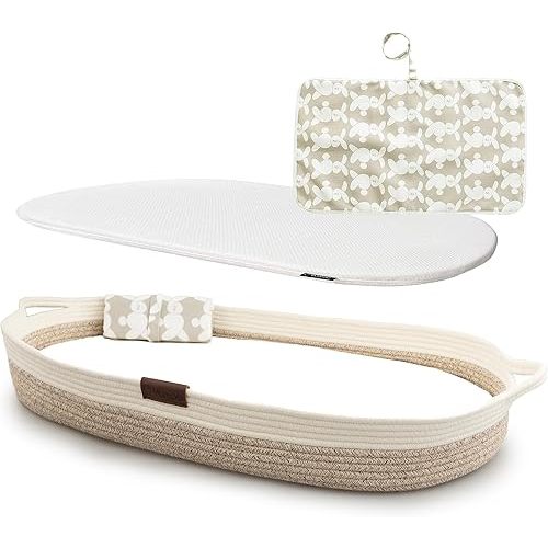 XL Reinforced Baby Changing Basket with Extra Travel Diaper pad, Foldable Baby Changing Pad with Water Repellent Cover, Cotton Rope Baby Basket, Changing Table Topper for Dresser (White Beige)