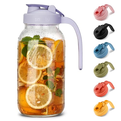 SMIRLY 64 oz Mason Jar Pitcher,Glass Pitcher with Wide Mouth,Water Jug with Double Leak Proof Lid for Iced Coffee,Hot Water,Breast Milk