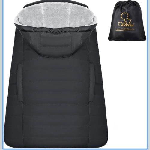 Orzbow Winter Baby Carrier Cover with Detachable Hood, Waterproof & Windproof, Universal for Baby Carriers and Baby Waist Stool, Baby Bunting Bag for Car Seats and Strollers with Storage Bag, Black