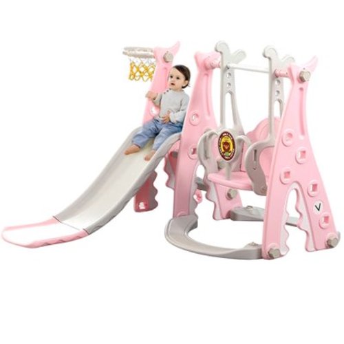 Ealing Toddlers Slide and Swing Set for Ages 1-5 ,4 in 1 Indoor Outdoor Playset for Children ,Extra Long Slide 53 in with Basketball Hoop, Pink