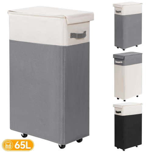 BGTREND 27.6" Tall & Slim Laundry Hamper with Lid 65L Rolling Laundry Hamper with Wheels Narrow Laundry Basket Collapsible Dirty Clothes Hamper (Gray & White)