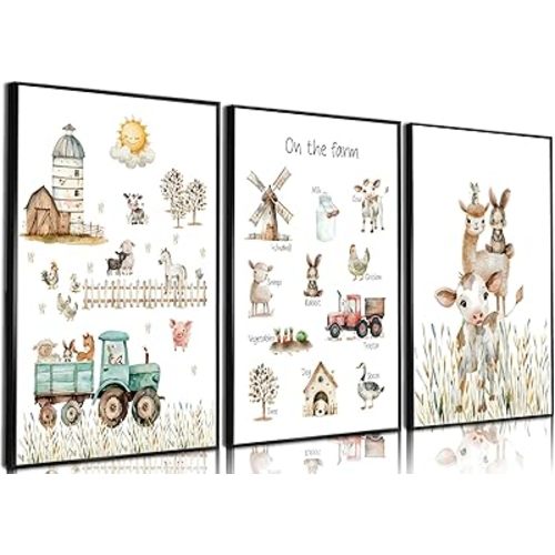 3Pcs Farm Animals Nursery Canvas Wall Art Baby Barnyard Small Animals Tractor Kids Wall Decor Pictures Cute Cartoon Small cow Posters Prints for Baby Children Classroom Bedroom Decoration Unframed