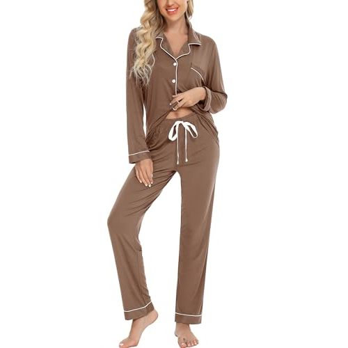 Leikar Button Up Pajama Set For Women Long Sleeve Shirt And Pajama Pants Soft Pjs Lounge Sets
