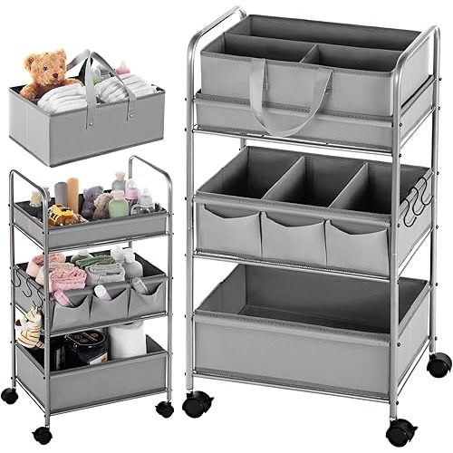 Honeydak 2in1 Baby Diaper Caddy Organizer Cart 3 Tier Large Capacity Metal Utility Bedside Rolling Cart with Divider for Newborn Nursery Essential Must Have for Crib Bedroom Baby Shower(Gray)