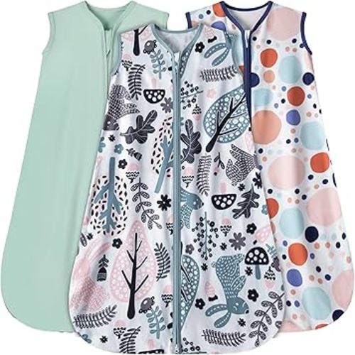 Baby Sleep Sack 6-12 Months 3 Pack Baby Wearable Blanket 100% Rayon Cotton 2-Way Zipper Toddler Sleeping Sack .Comfy Soft Lightweight TOG 0.3 (Rabbit&Rocks&Green,)