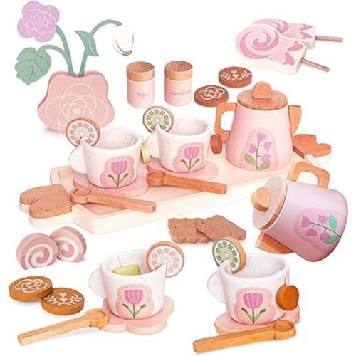Wooden Tea Set for Little Girls, Pretend Play Tea Party Set Toy with 27 PCS Play Kitchen Accessories, Princess Tea Set Toy, Birthday Gift for Kids 2 3 4 5 Years Old, Improve Imagination