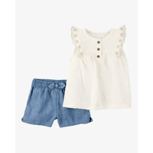 Baby 2-Piece Eyelet-Sleeve Tank & Pull-On Chambray Short Set - Carter's | Carter's