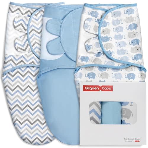GLLQUEN BABY Swaddle Sleep Sack - 3 Pack Infant Swaddles for Newborn, Baby Swaddling Sack 0-3 Months, Ergonomic Newborn Swaddle Blanket for Baby Boy and Girl, Blue & Elephants