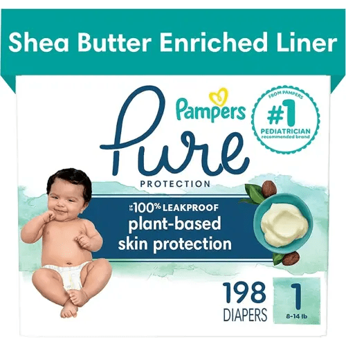Pampers Pure Protection Diapers - Size 1, One Month Supply (198 Count), Hypoallergenic Premium Disposable Baby Diapers