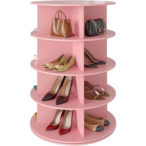 SpaceAid 4 Tier Rotating Shoe Rack Tower, Spinning Shoe Display Lazy Susan, Revolving 360 Shoe Rack Storage Round Carousel, Vertical Handbag Rotate Shoes Closet Organization (4-Tier Pink)