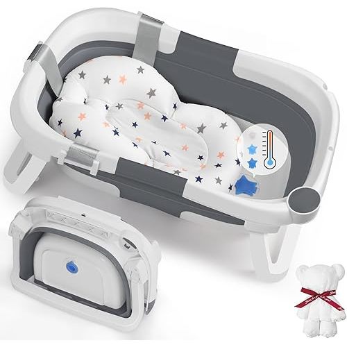 DEANIC Collapsible Baby Bathtub for Newborns, Portable Infant Bathtub with Soft Bath Cushion Support for 0-24 Months, Toddler Bath Tub with stand Indoor Travel (Grey)