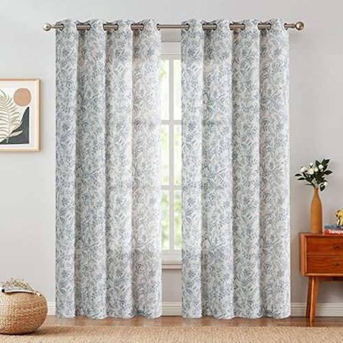 Lazzzy Linen Farmhouse Curtains for Living Room 84 Inch Length Floral Print Window Curtains Semi Sheer Drapes for Bedroom Country Light Filtering Curtain Grommet Top 2 Panels Blue on Beige