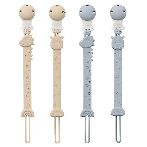 YIVEKO Pacifier Clips for Baby One Piece Silicone Pacifier Holder Clips for Boys Girls Paci Binky Clips 4Pcs Pacifier Clip Animal Design Rainbow-Ivory+Baby Blue