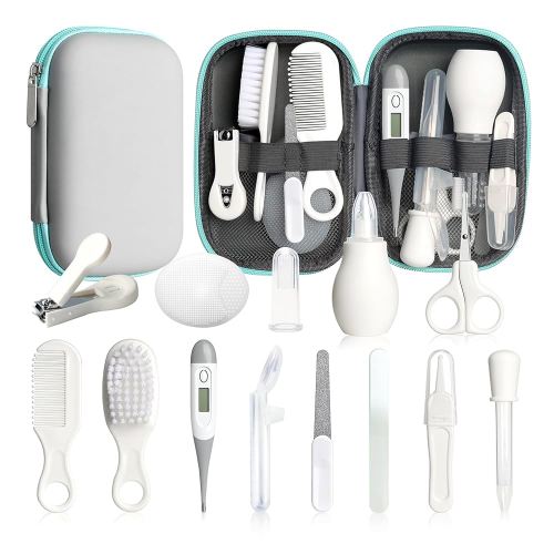 Baby Healthcare and Grooming Kit, 14 in 1 Baby Safety Set Newborn Nursery Health Care Set with Hair Brush Scale Nail Clippers for Baby Girls Boys (14 Kits Grey White)
