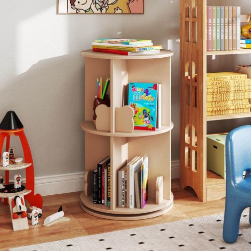 Infans Kids Rotating Bookshelf Round Spinning Corner Bookcase w/Bear Baffles Coffee