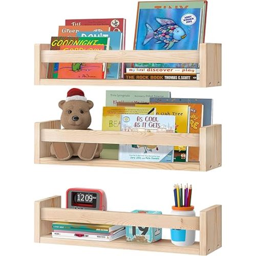 Floating Nursery Book Shelves Wall 16x17 inch 3-Pack - Baby Book Shelf for Nursery Wall Decor, Kids Book Shelf for Wall Mounted, Wall Book Shelves for Bedroom Kids - Nursery Shelves for Wall
