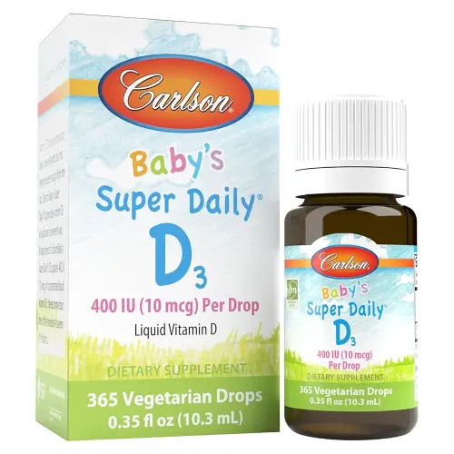 Carlson - Baby's Super Daily D3, Baby Vitamin D Drops, 400 IU (10 mcg) per Drop, 1-Year Supply, Vegetarian, Liquid Vitamin D for Infants and Toddlers, Unflavored, 365 Drops