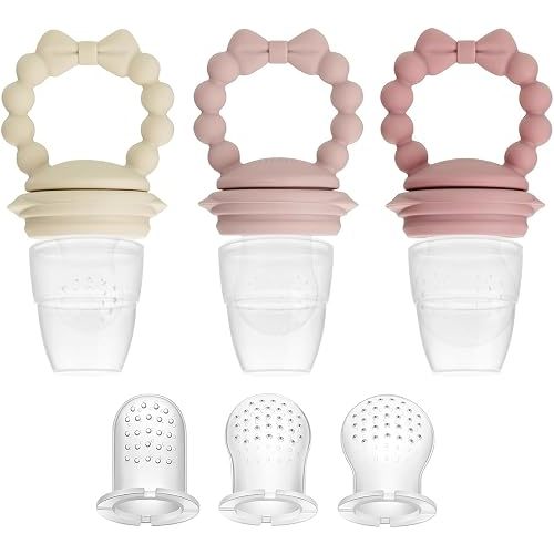 PandaEar 3 Pack Baby Fruit Food Feeder Pacifier with 3 Different Sized Pouches, Silicone Teether for Purees & Breast Milk, BPA Free Infant Solid Food Essentials for Babies 3-12 Months (Bow Series)