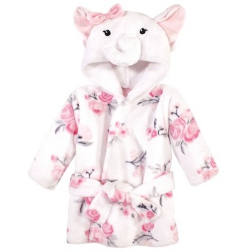 Hudson Baby Infant Girl Plush Animal Face Bathrobe, White Elephant, 0-9 Months