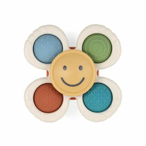 Itzy Ritzy Pop & Whirl – Fidget Spinner Travel & Bath Toy for Babies & Toddlers – Fidget w/Textured Silicone Poppers to Develop Fine Motor Skills – Sticks to Highchairs, Tables, Tubs More (Smile)